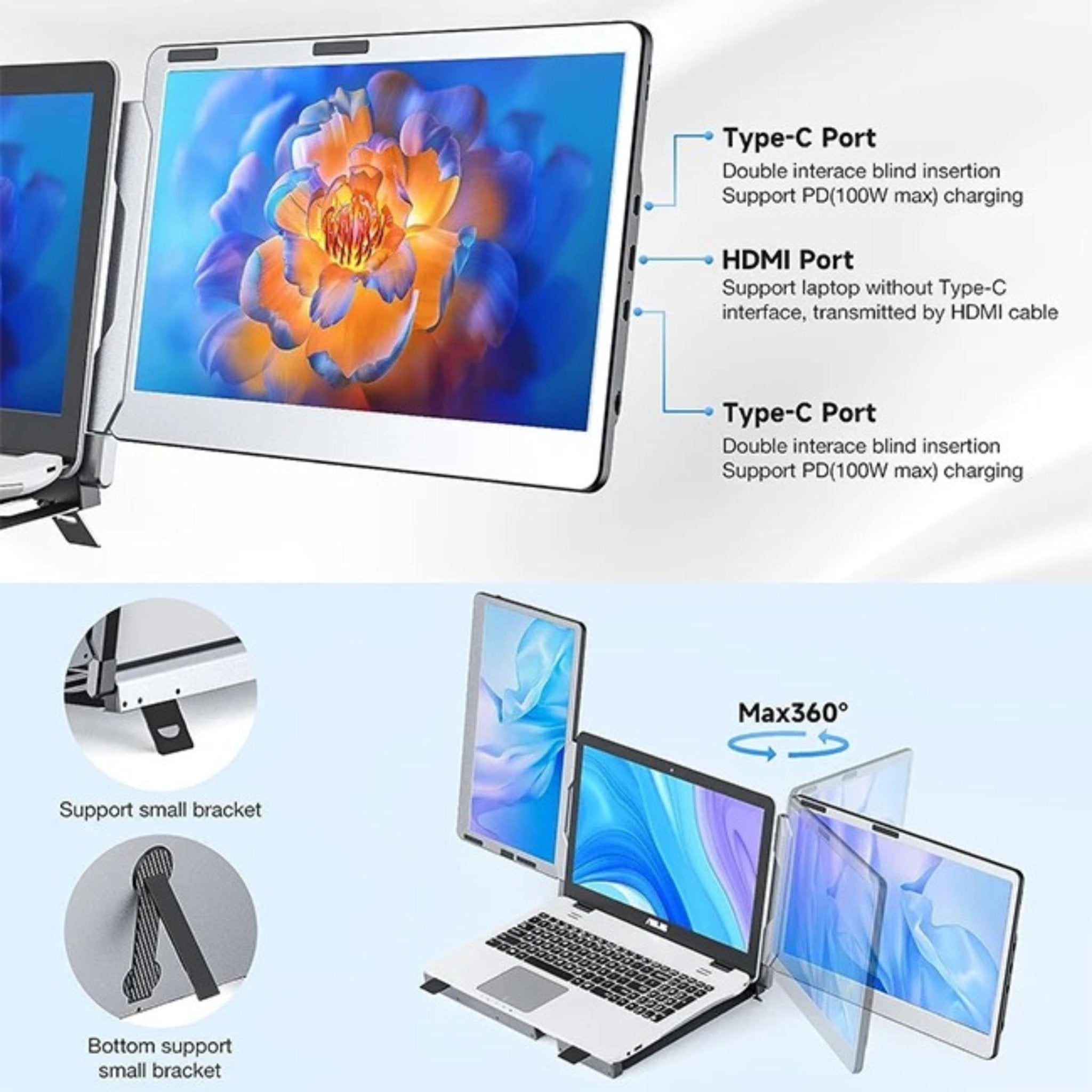 TUTT F2 Portable Laptop Monitor Screen Extender 14'' Inches 360° Rotation Stand, 1080P HD IPS Built-In Speaker