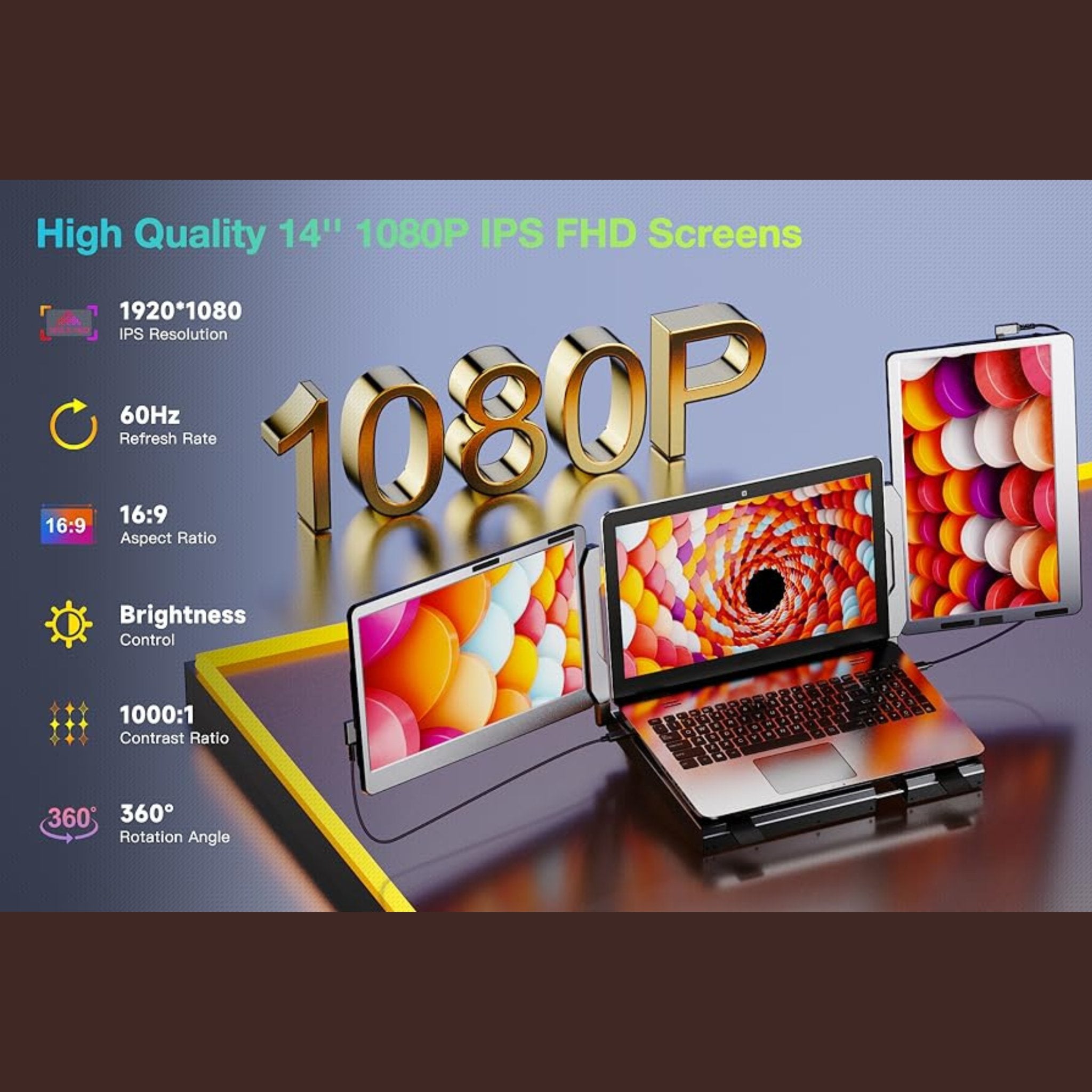 TUTT F2 Portable Laptop Monitor Screen Extender 14'' Inches 360° Rotation Stand, 1080P HD IPS Built-In Speaker