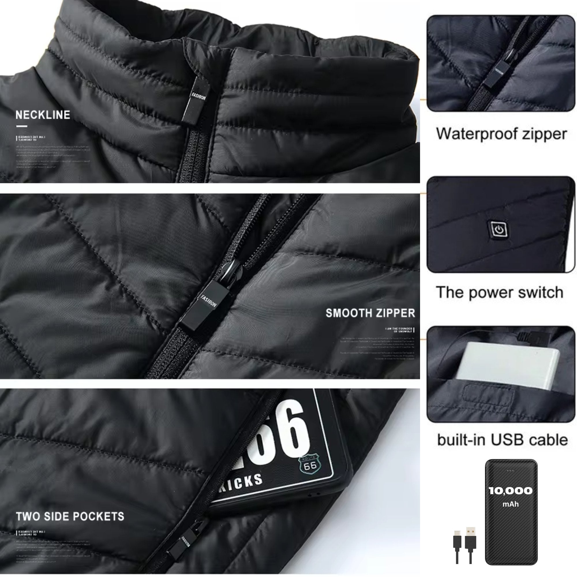 TUTT Heated Vest Jacket Unisex 9 Heat Zones | 10,000 mAh Power Bank | 3 Temperature Levels | Electric Heating Clothing | One Size Large - TUTT