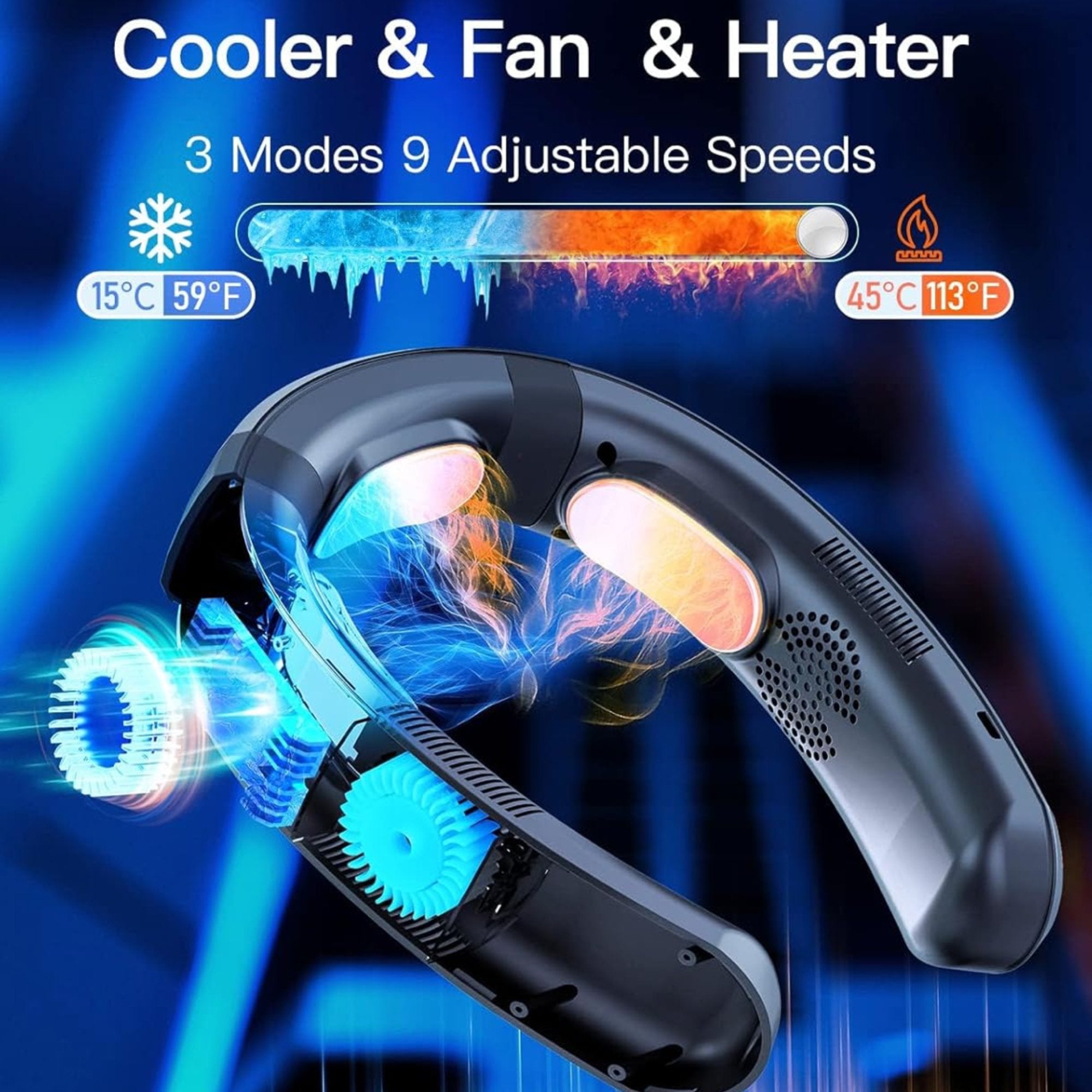 TUTT Heating and Cooling Neck Fan | 3 Semiconductor Plates | 6000 mAh 2 in 1 Wearable Air Conditioner | Navy Blue - TUTT