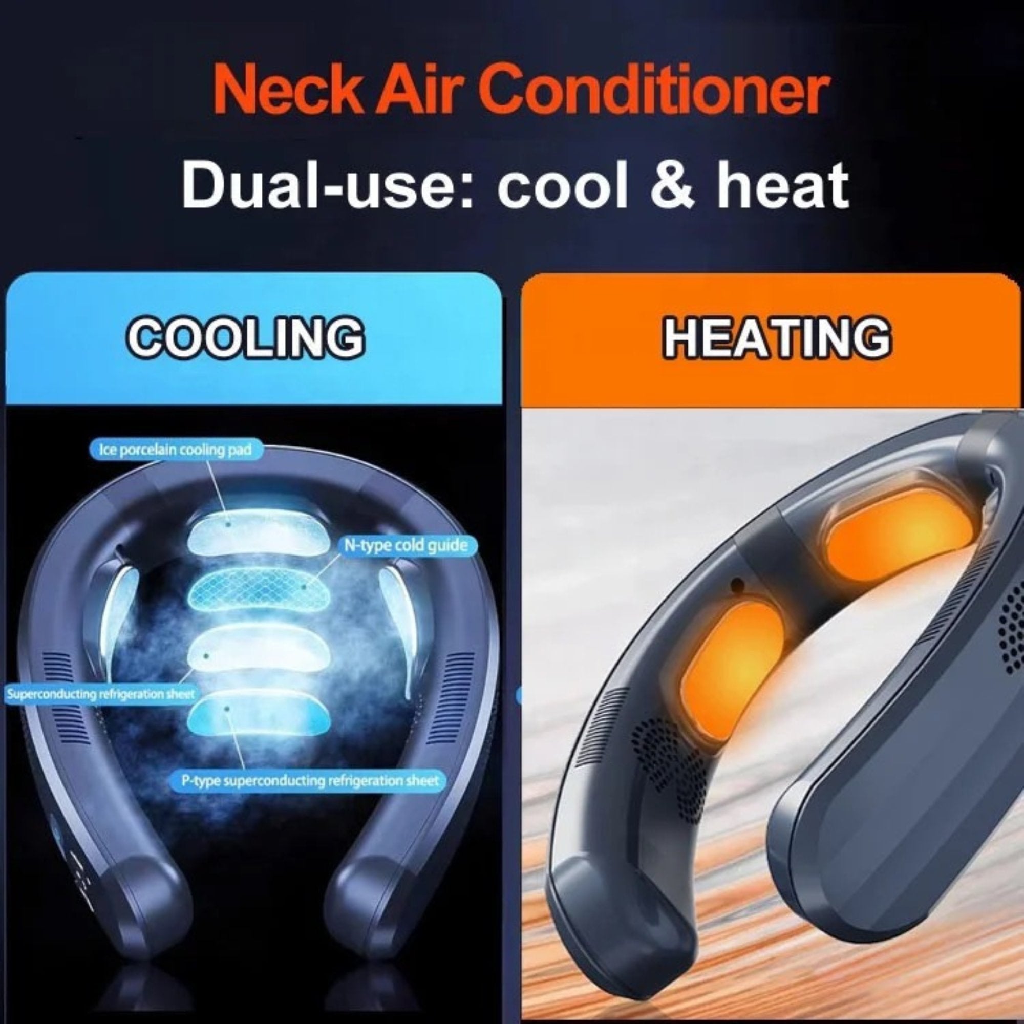 TUTT Heating and Cooling Neck Fan | 3 Semiconductor Plates | 6000 mAh 2 in 1 Wearable Air Conditioner | Navy Blue - TUTT