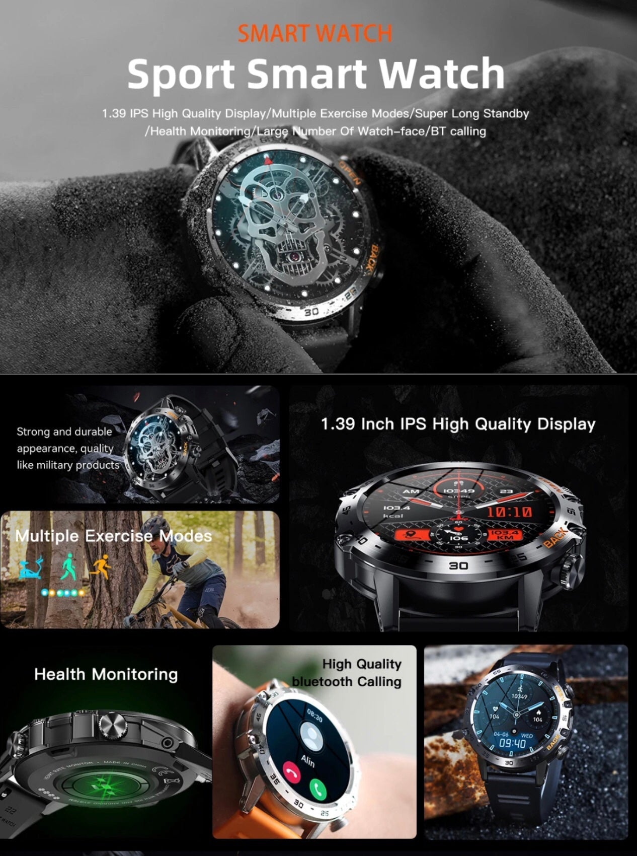 TUTT K52 Metal Case | Military Rugged Smart Watch, 1.39'' HD IP67 Tactical SmartWatch for Men with BT Call Pedometer