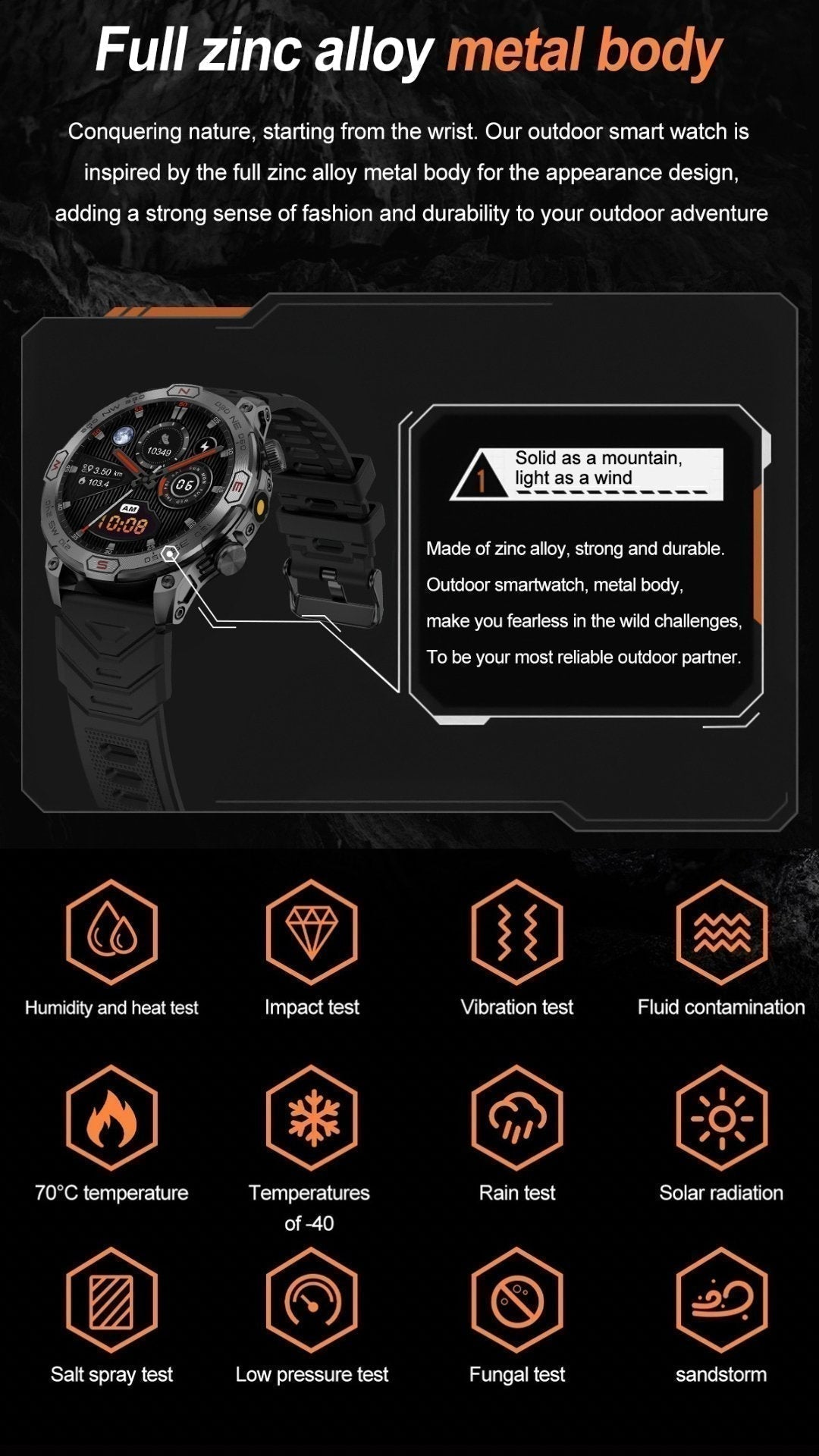 TUTT KC86 AMOLED Zinc Alloy Rugged Outdoor Smart Watch | Compass Barometer Altimeter 1 ATM Waterproof Emergency LED Flashlight | Sport Health Monitor Men Women Long 450 mAh Battery - TUTT