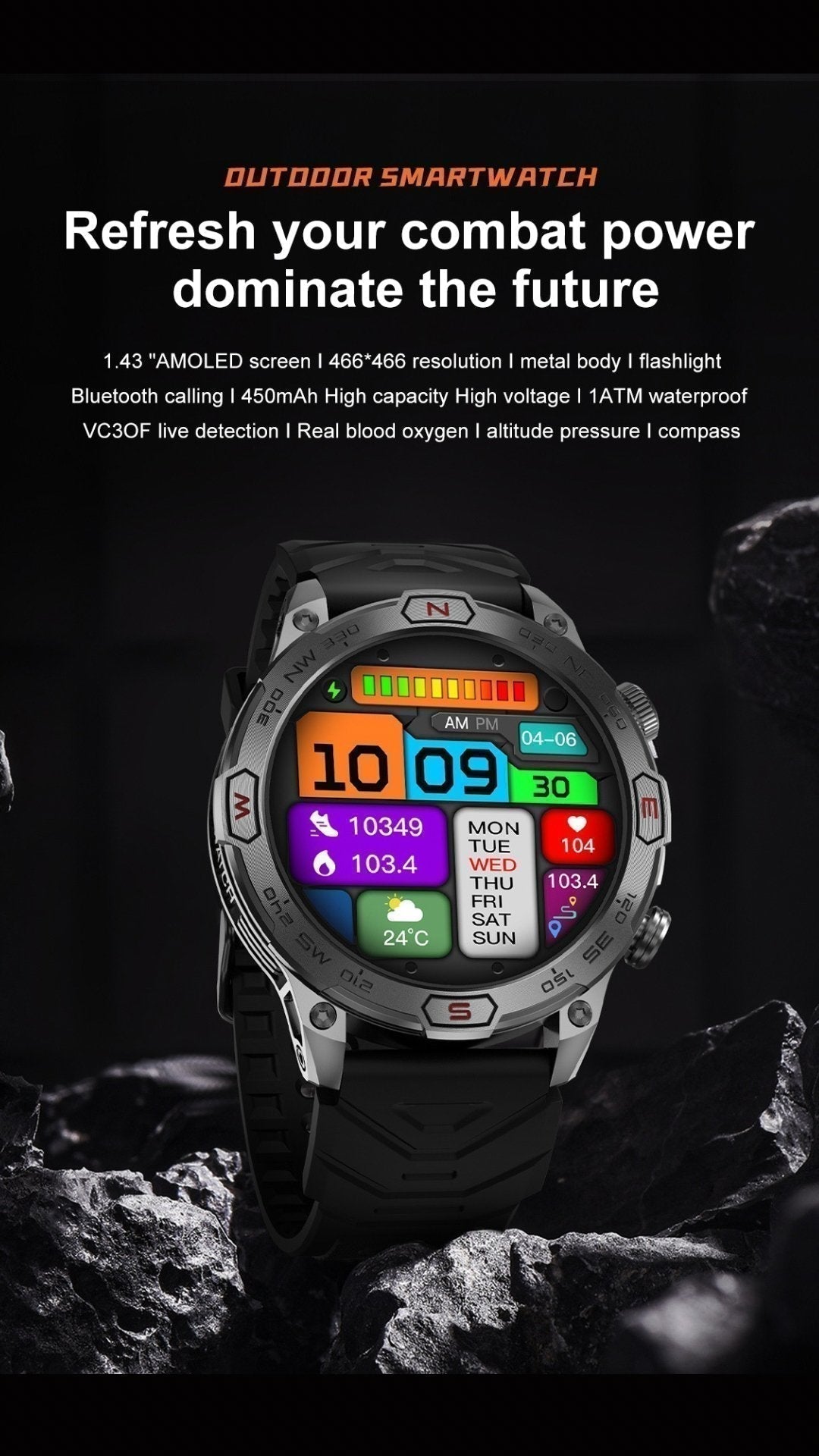 TUTT KC86 AMOLED Zinc Alloy Rugged Outdoor Smart Watch | Compass Barometer Altimeter 1 ATM Waterproof Emergency LED Flashlight | Sport Health Monitor Men Women Long 450 mAh Battery - TUTT