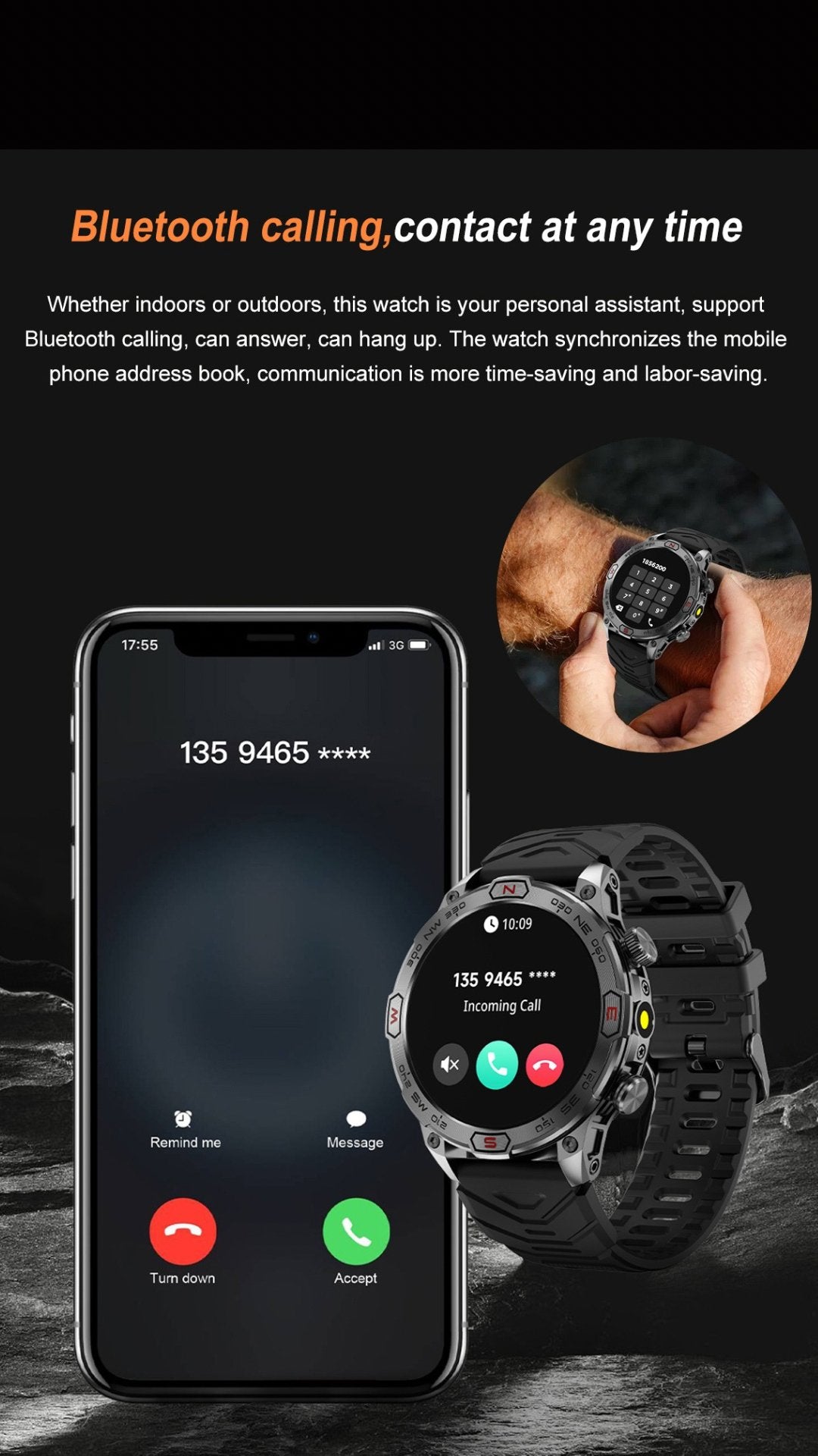 TUTT KC86 AMOLED Zinc Alloy Rugged Outdoor Smart Watch | Compass Barometer Altimeter 1 ATM Waterproof Emergency LED Flashlight | Sport Health Monitor Men Women Long 450 mAh Battery - TUTT