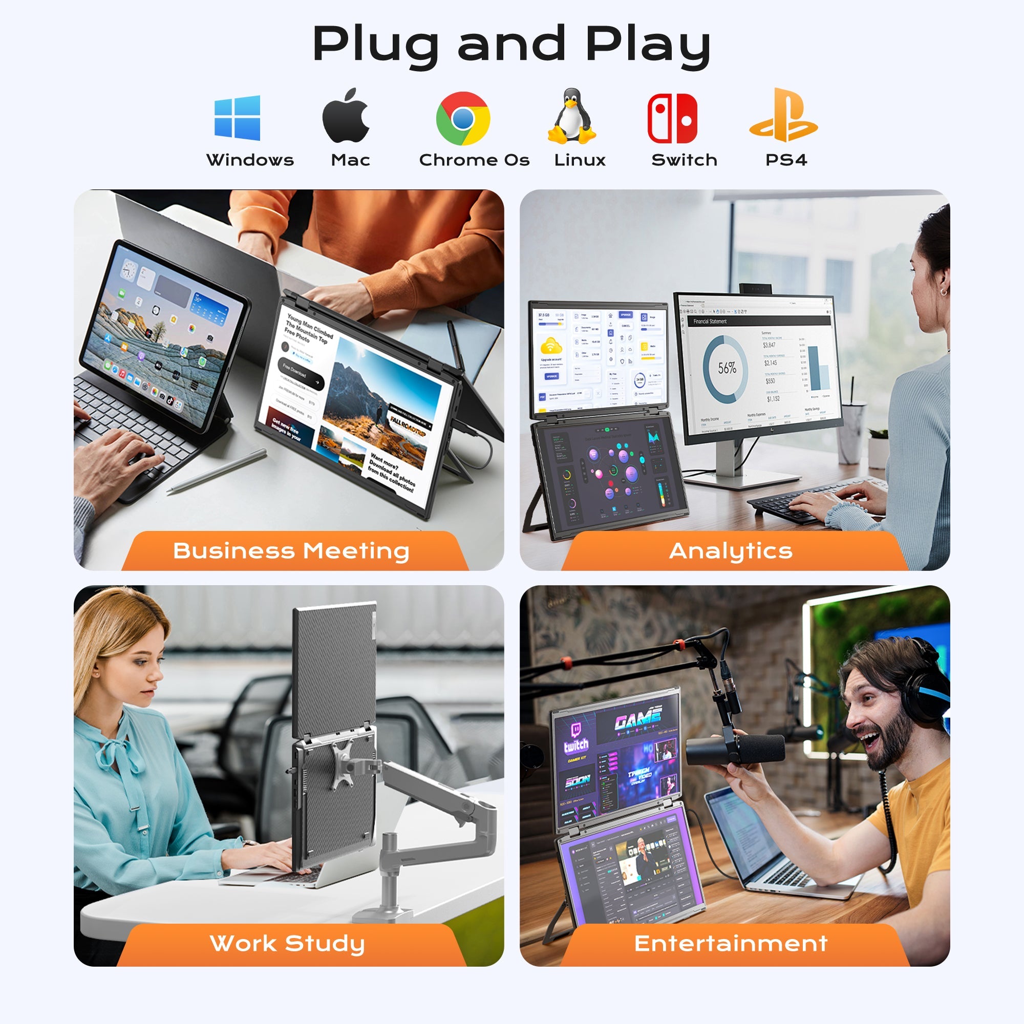 TUTT M4 15.6” Portable Dual - Screen Monitor Extender | Plug and Play | New Generation Folding Triple Display | VESA Mount | Technical Support Line - TUTT