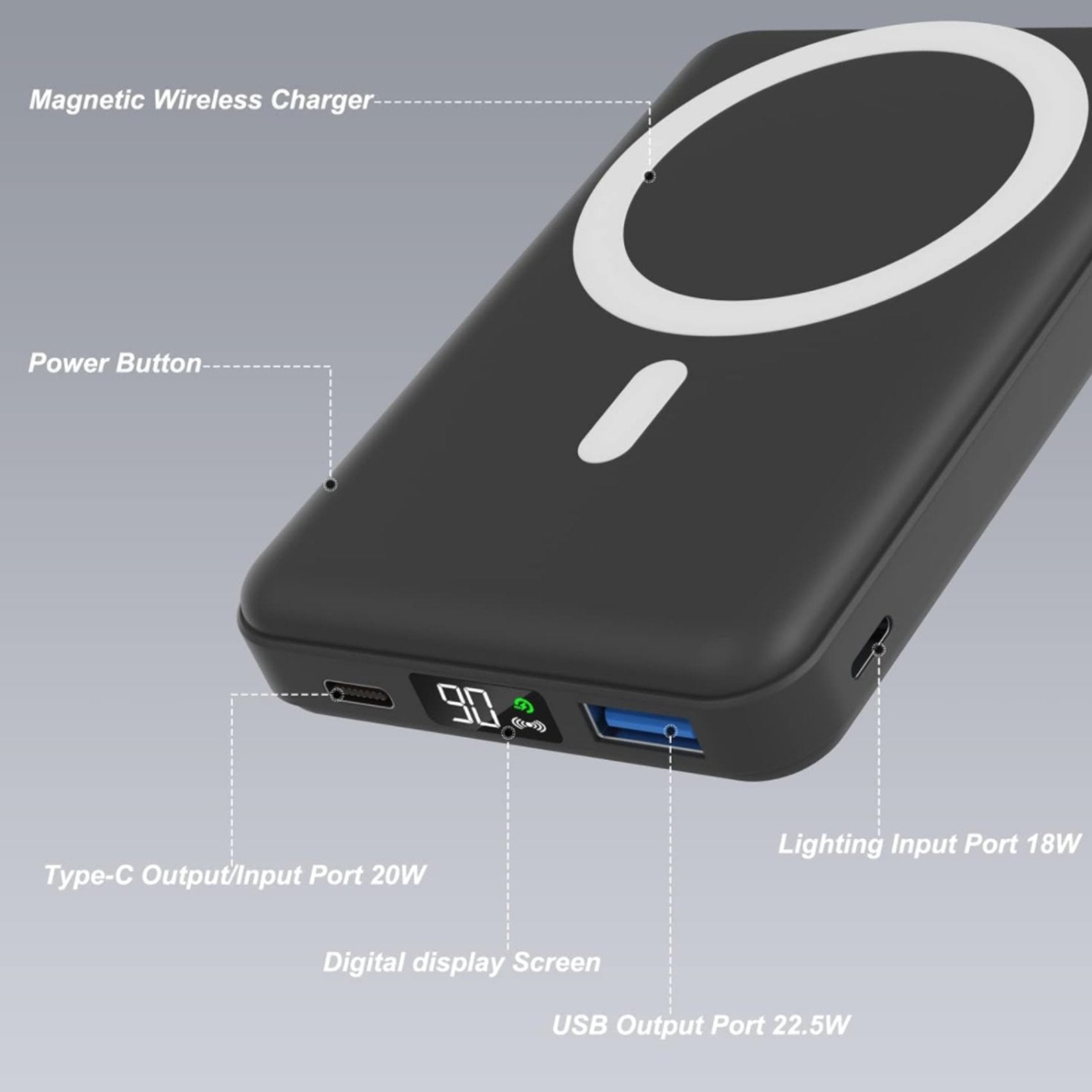 TUTT Magnetic Wireless Portable Power Bank for iPhone 10000mAh Mag-Safe Battery Fast Charging, Wireless USB-C LED Display