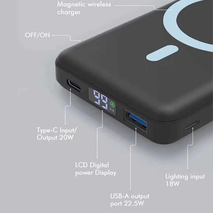 TUTT Magnetic Wireless Portable Power Bank for iPhone 10000mAh Mag-Safe Battery Fast Charging, Wireless USB-C LED Display