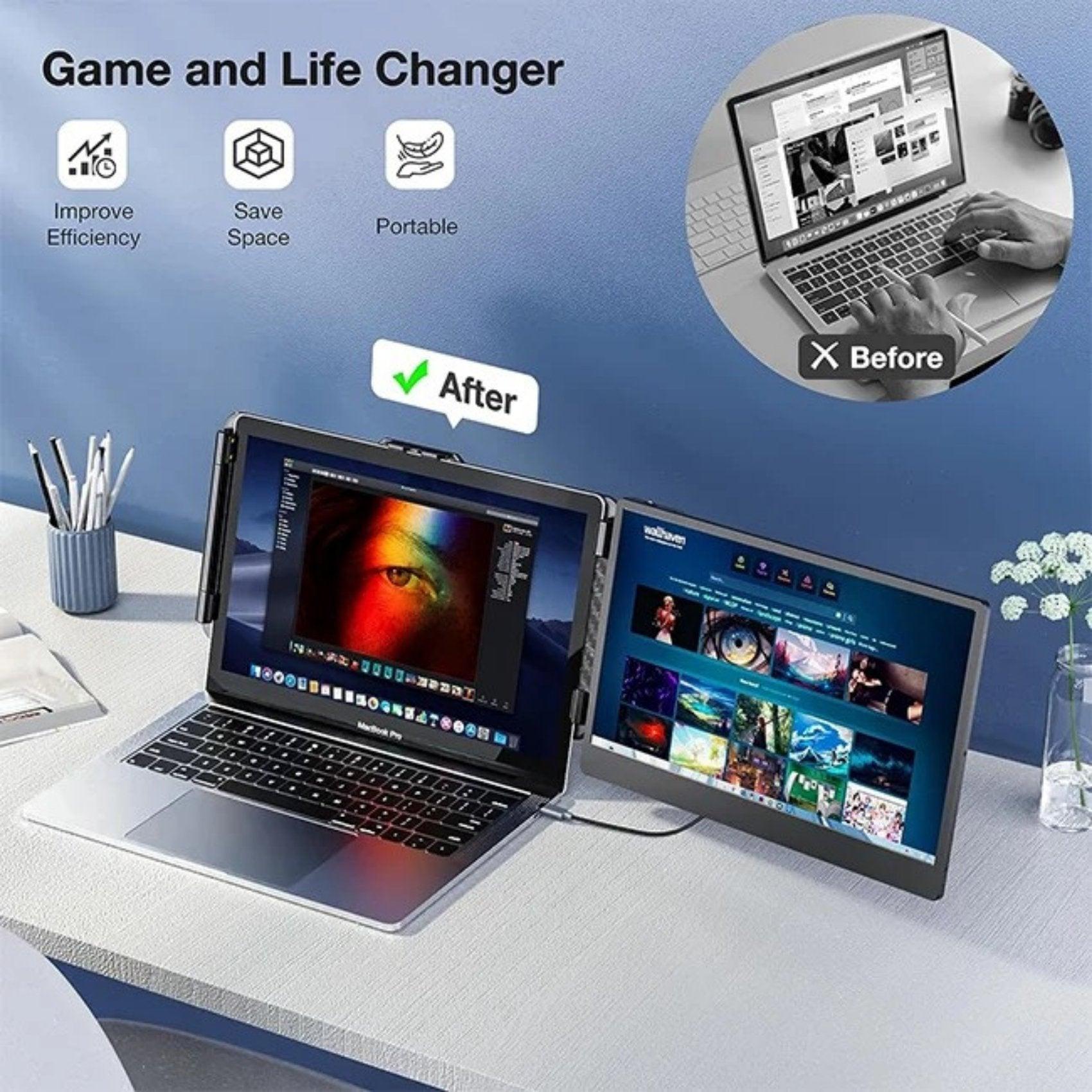 TUTT 14” FHD Single Portable Laptop Monitor IPS Dual Screen Extender with Built-in Stand and Speakers, Plug and Play Display for All Devices | S1 | Technical Support in 90 Min - TUTT