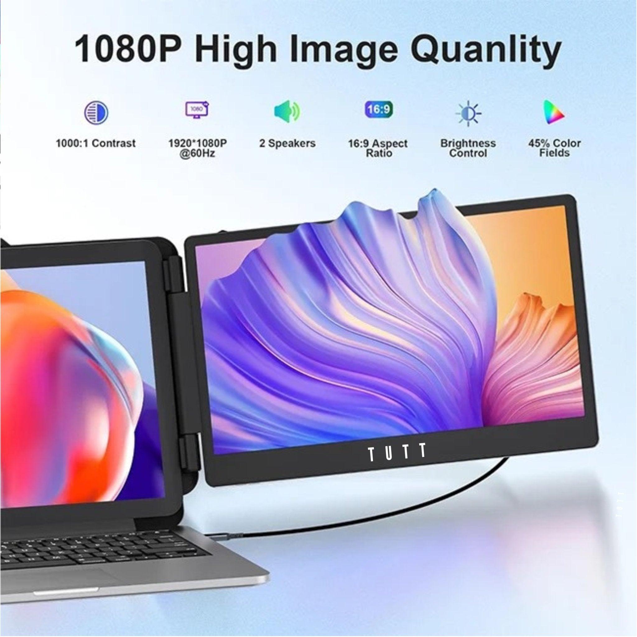 TUTT 14” FHD Single Portable Laptop Monitor IPS Dual Screen Extender with Built-in Stand and Speakers, Plug and Play Display for All Devices | S1 | Technical Support in 90 Min - TUTT