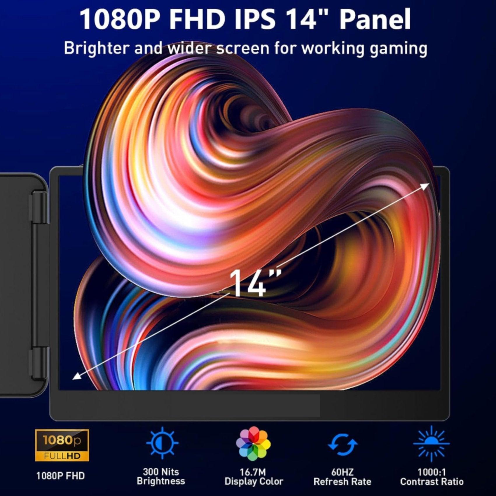 TUTT 14” FHD Single Portable Laptop Monitor IPS Dual Screen Extender with Built-in Stand and Speakers, Plug and Play Display for All Devices | S1 | Technical Support in 90 Min - TUTT