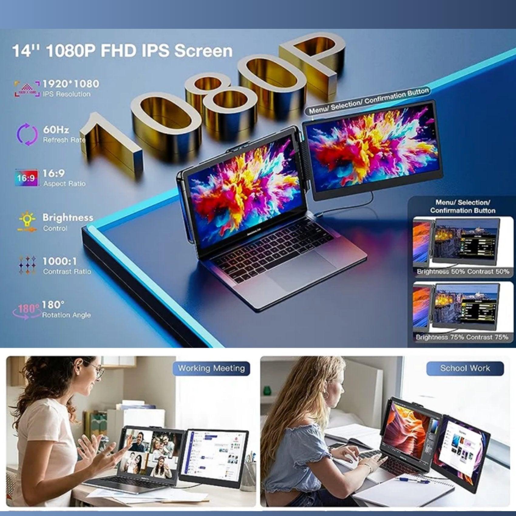 TUTT 14” FHD Single Portable Laptop Monitor IPS Dual Screen Extender with Built-in Stand and Speakers, Plug and Play Display for All Devices | S1 | Technical Support in 90 Min - TUTT