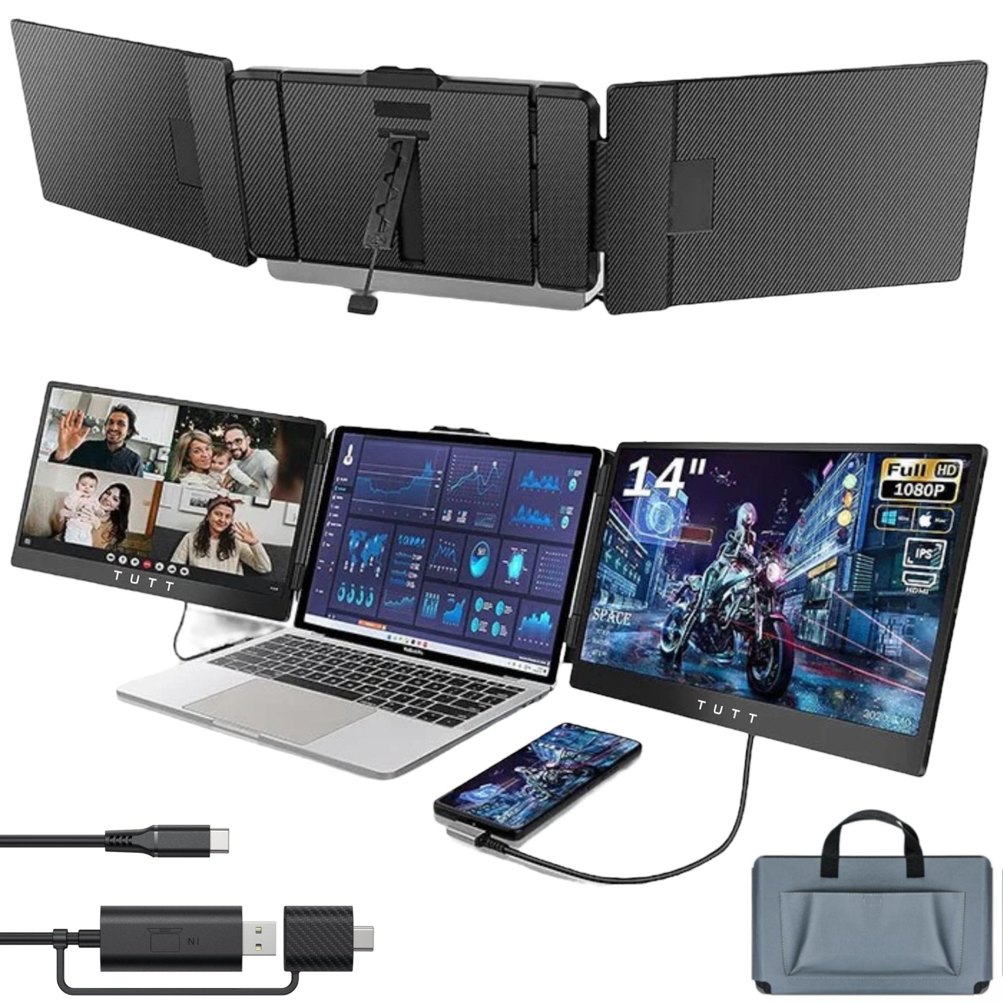 TUTT S2 FHD 14” Dual Portable Laptop Monitor Extender 1080P IPS Built - in Stand and Speakers | Plug and Play | H5 HD Video Conversion Cable | Technical Support Line | for 13