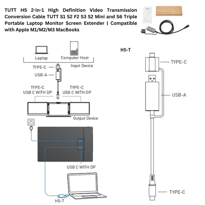 TUTT S2 Mini FHD 12” Portable Laptop Dual Monitor Screen Extender 1080P IPS Built - in Stand and Speakers, Plug and Play | H5 HD Video Conversion Cable | Technical Support Line - TUTT