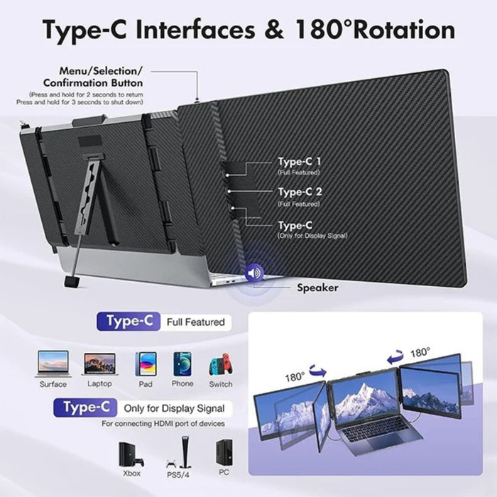 TUTT S2 Mini FHD 12” Portable Laptop Dual Monitor Screen Triple Extender 1080P IPS Built - in Stand and Speakers, HDMI/Type - C Plug and Play Display for 13" - 17" Laptops Mac Window - TUTT