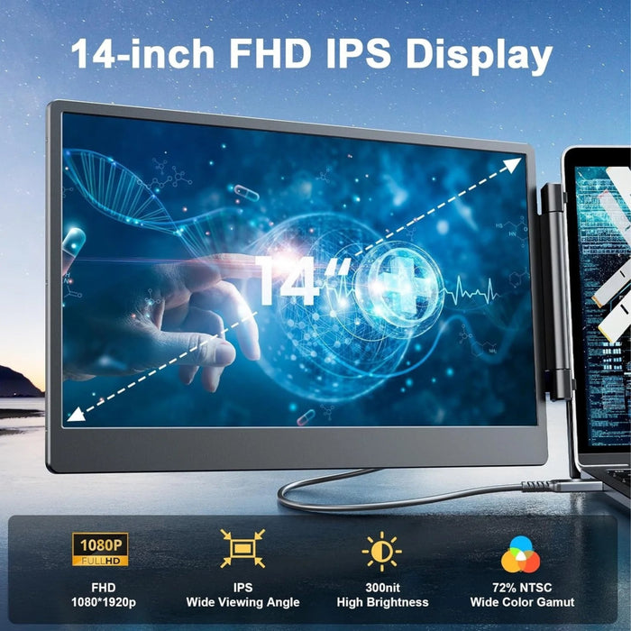 TUTT S3 FHD 14” Dual Portable Laptop Monitor Screen 1080P IPS Built - in Stand and Speakers | 13" - 19" | H5 2 - in - 1 HD Video Conversion Cable | Technical Support Line - TUTT