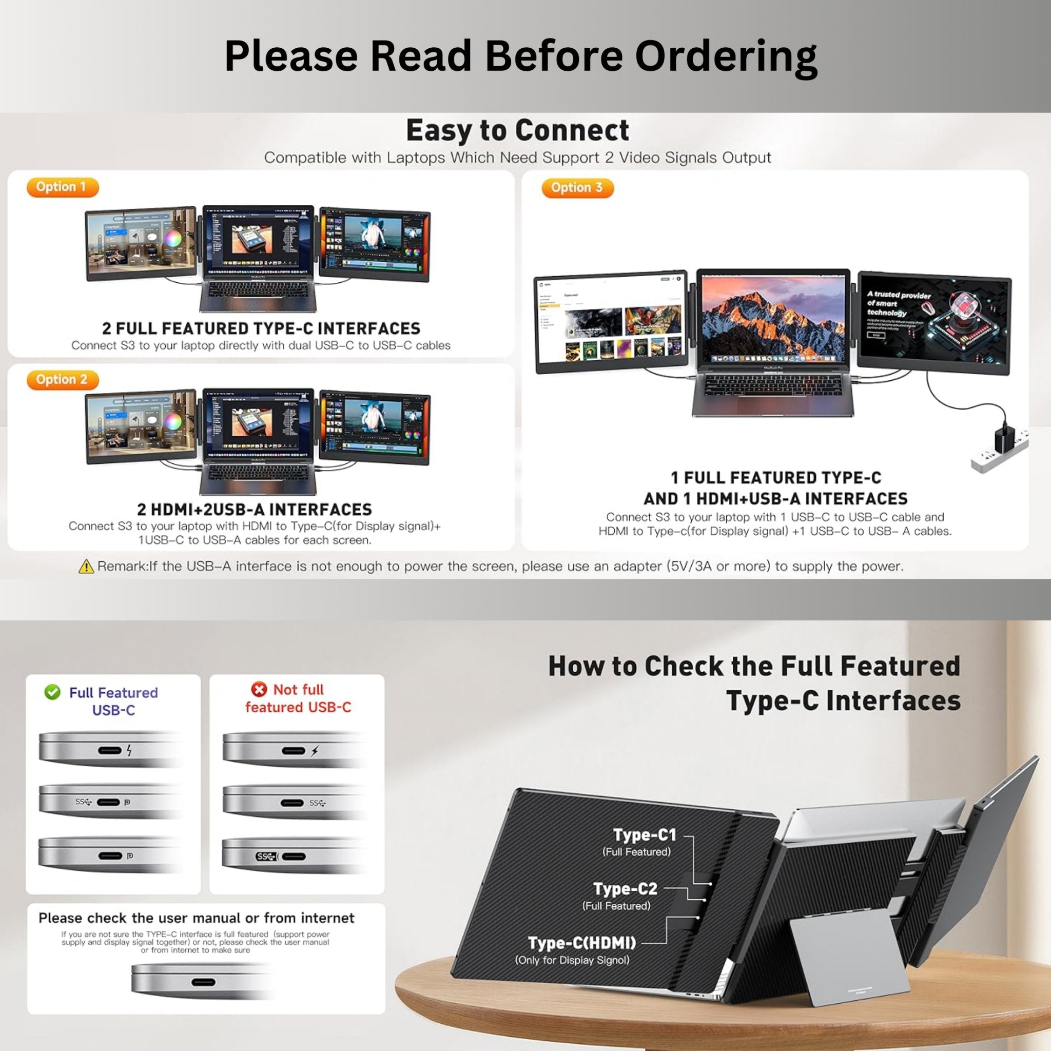 TUTT S3 (Upgraded S2) FHD 14” Dual Portable Laptop Monitor Screen Triple Extender 1080P IPS Built - in Stand and Speakers, HDMI/Type - C Plug and Play Display for 13" - 19" Laptops - TUTT