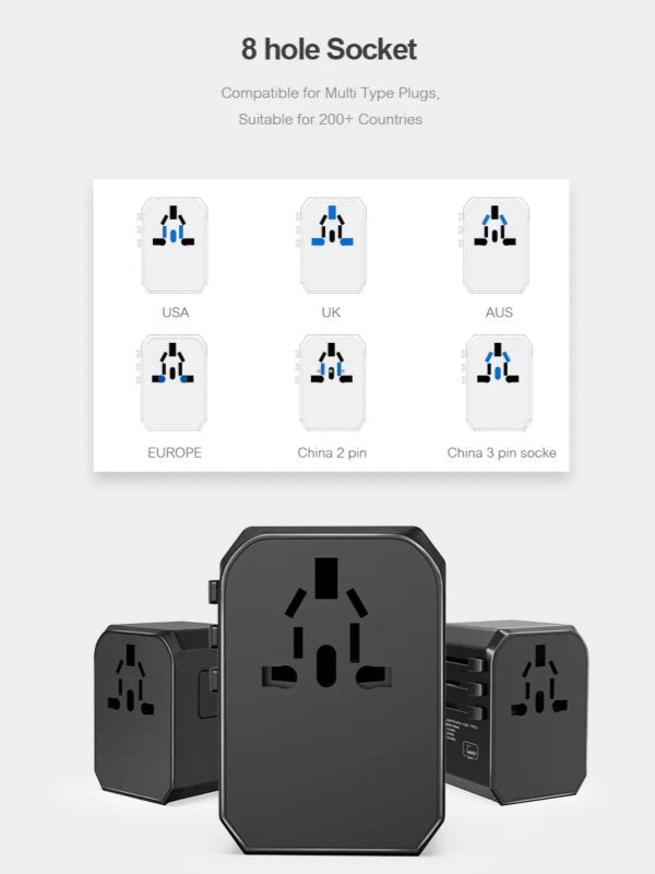 TUTT Travel Essentials | Universal Travel Adapter 180+ Countries Adaptateur International Kit 4 USB+Type-C US UK EU Australia