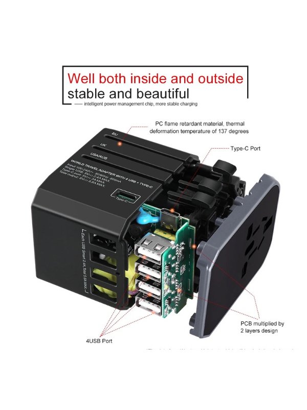 TUTT Travel Essentials | Universal Travel Adapter 180+ Countries Adaptateur International Kit 4 USB+Type-C US UK EU Australia