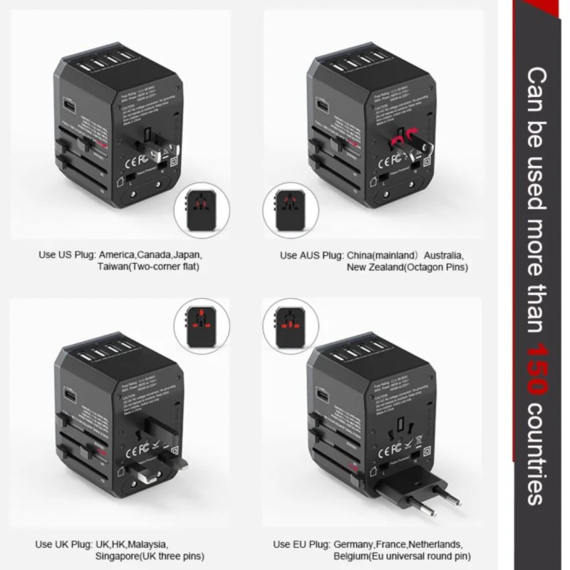 TUTT Travel Essentials | Universal Travel Adapter 180+ Countries Adaptateur International Kit 4 USB+Type-C US UK EU Australia