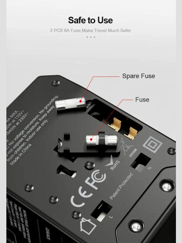 TUTT Travel Essentials | Universal Travel Adapter 180+ Countries Adaptateur International Kit 4 USB+Type-C US UK EU Australia