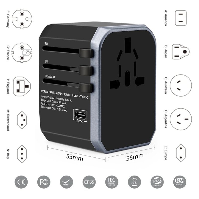 TUTT Travel Essentials | Universal Travel Adapter 180+ Countries Adaptateur International Kit 4 USB+Type-C US UK EU Australia