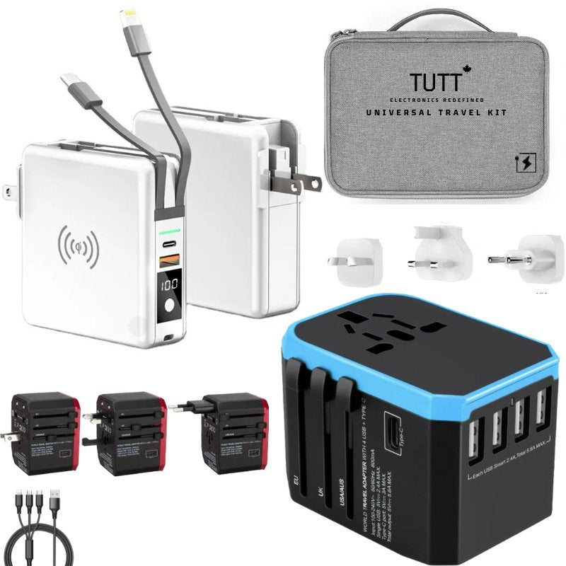 TUTT Ultimate Travel Adapter & Charging Kit | 10000mah Power Bank | 3 Global Plugs | Universal Travel Adapter