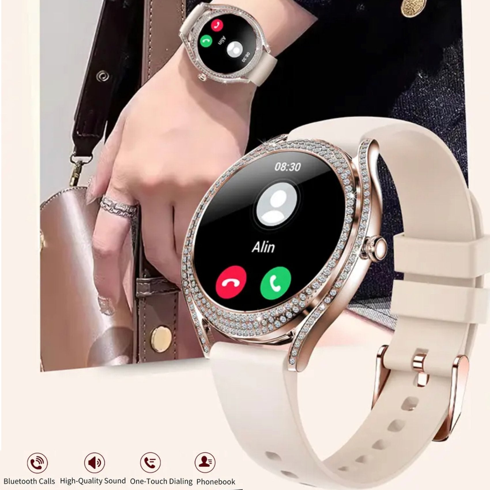 TUTT V66 Smart Watch For Ladies Women AMOLED 1.28” Display Blood Oxygen Bt Calling Smartwatch with 150 cubic Zirconia