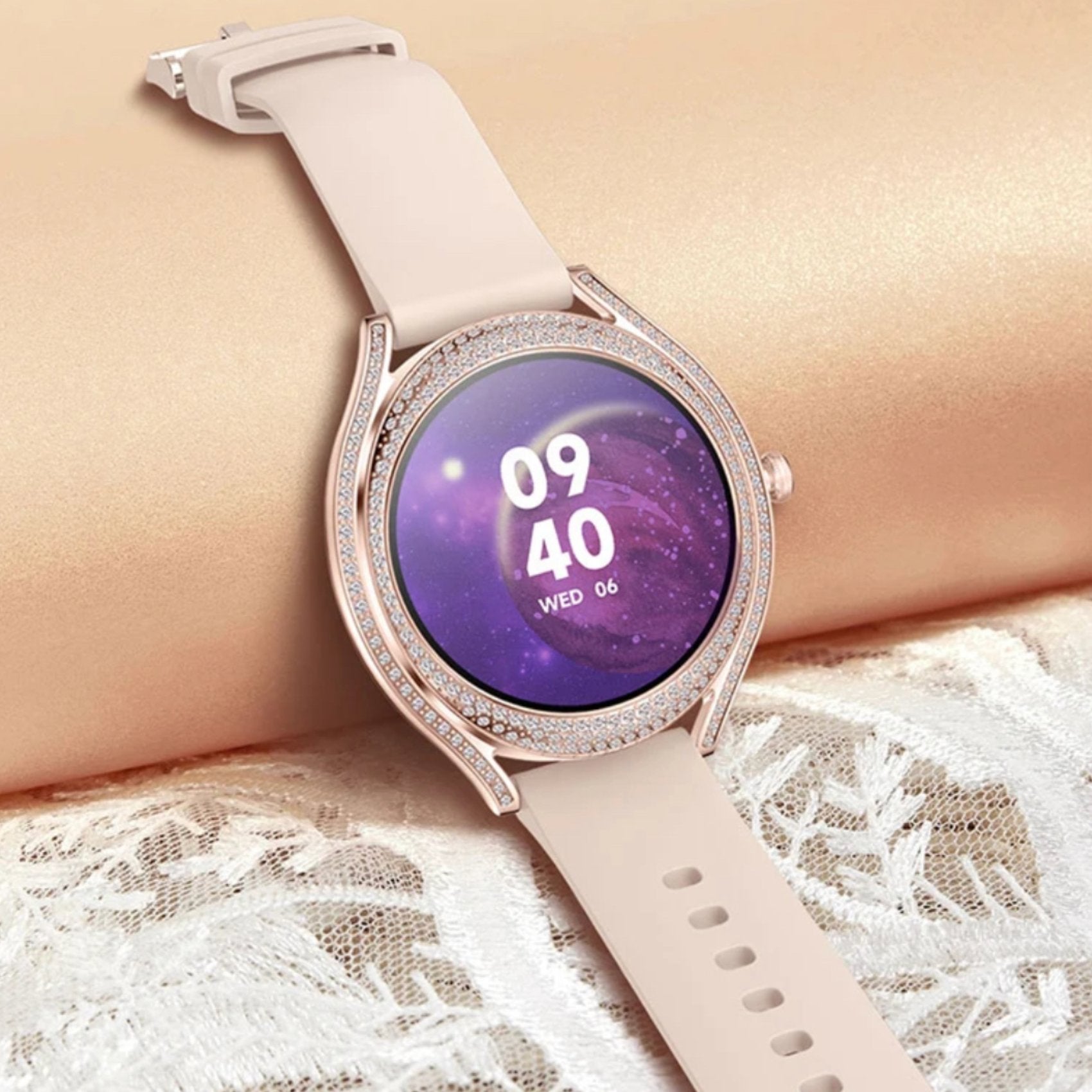 TUTT V66 Smart Watch For Ladies Women AMOLED 1.28” Display Blood Oxygen Bt Calling Smartwatch with 150 cubic Zirconia