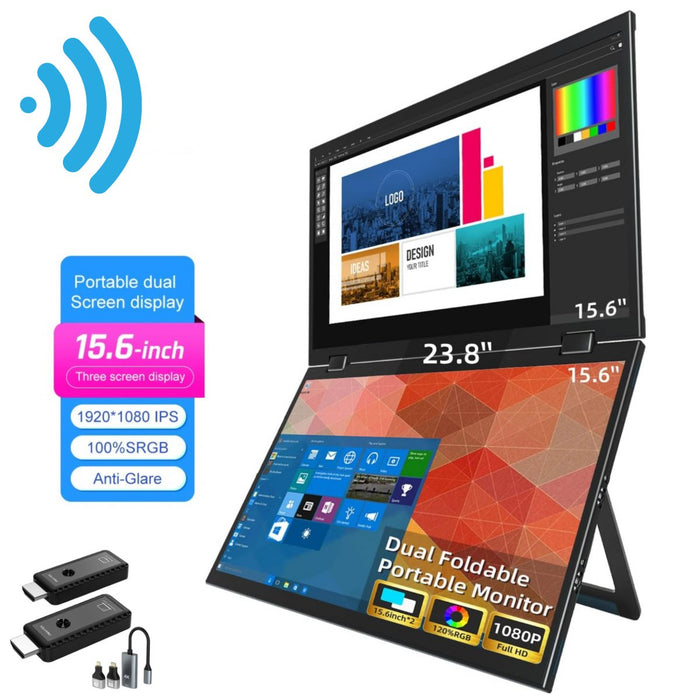 TUTT Wireless 15.6" FHD Portable Monitor (23.8" Dual) Folding Triple Screen Extender Plug and Play | All Devices | Technical Support Line - TUTT