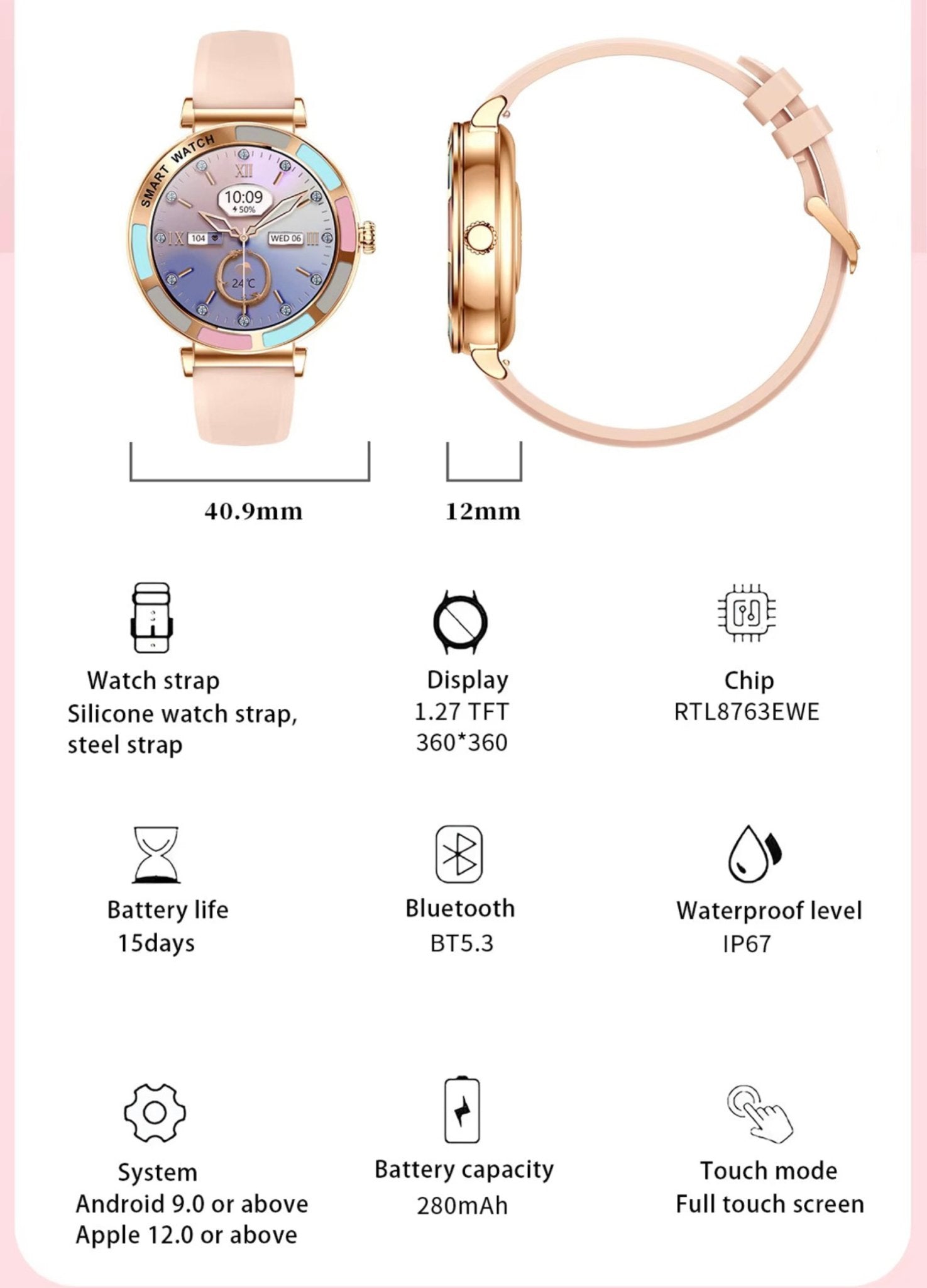 TUTT Women’s Smart Watch | Slim & Stylish Design 1.27” HD Dial | Waterproof | AI Voice Assistant | Women’s Health & Sports Tracker Smartwatch | W1 Silicone Strap - TUTT