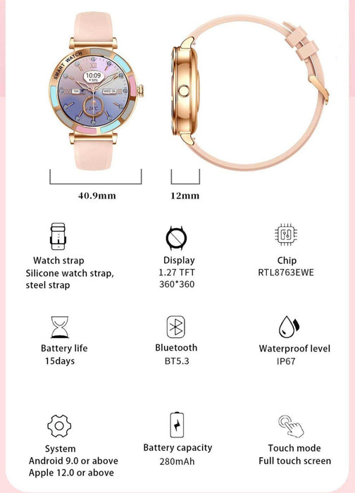TUTT Women’s Smart Watch | Slim & Stylish Design 1.27” HD Dial | Waterproof | AI Voice Assistant | Women’s Health & Sports Tracker Smartwatch | W1 2 Strap - TUTT