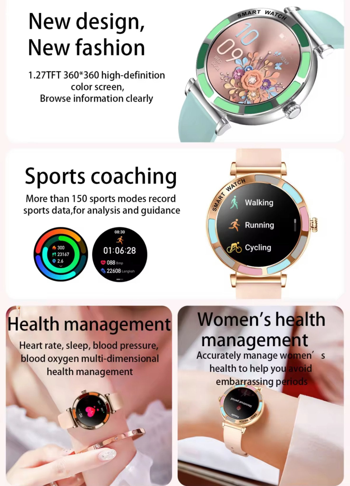 TUTT Women’s Smart Watch | Slim & Stylish Design 1.27” HD Dial | Waterproof | AI Voice Assistant | Women’s Health & Sports Tracker Smartwatch | W1 Silicone Strap - TUTT